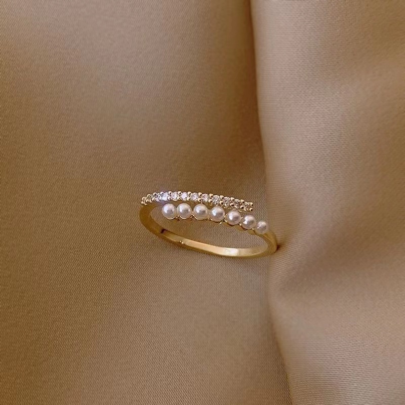 网红风时尚韩版珠戒珍珠戒指女时尚个性食指指环ins潮素圈